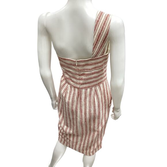 Rachel Zoe Dress Women’s SZ 6 Cotton Linen Blend Stripes One Shoulder Cream &Red - Picture 5 of 6